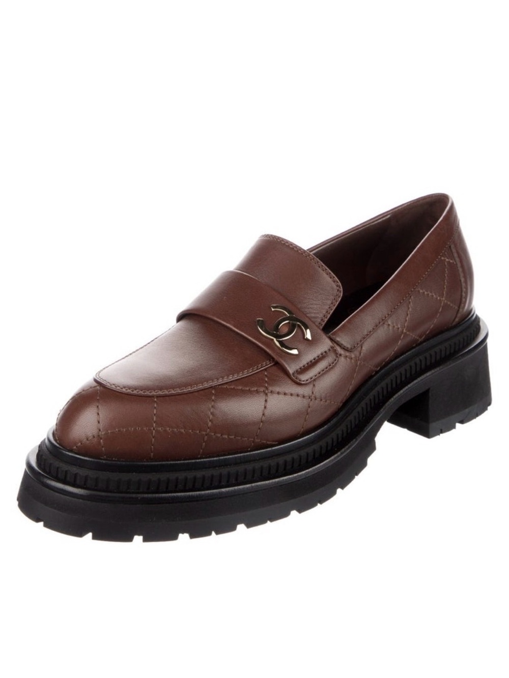 CHANEL Brown Quilted Leather Lug Sole Loafer with Gold CC